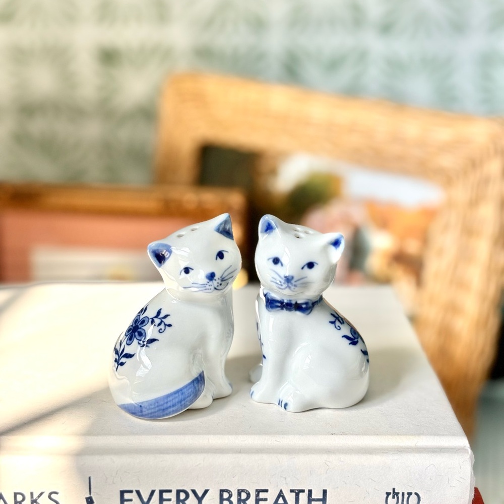 Blue and White Cat Ceramic Delft Style Salt and Pepper Shakers